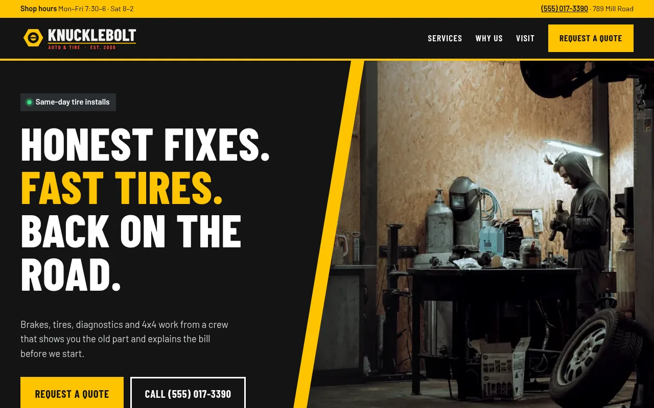 Knucklebolt Auto & Tire sample design on a desktop screen: black and safety-yellow hero with the headline Honest fixes. Fast tires. Back on the road.