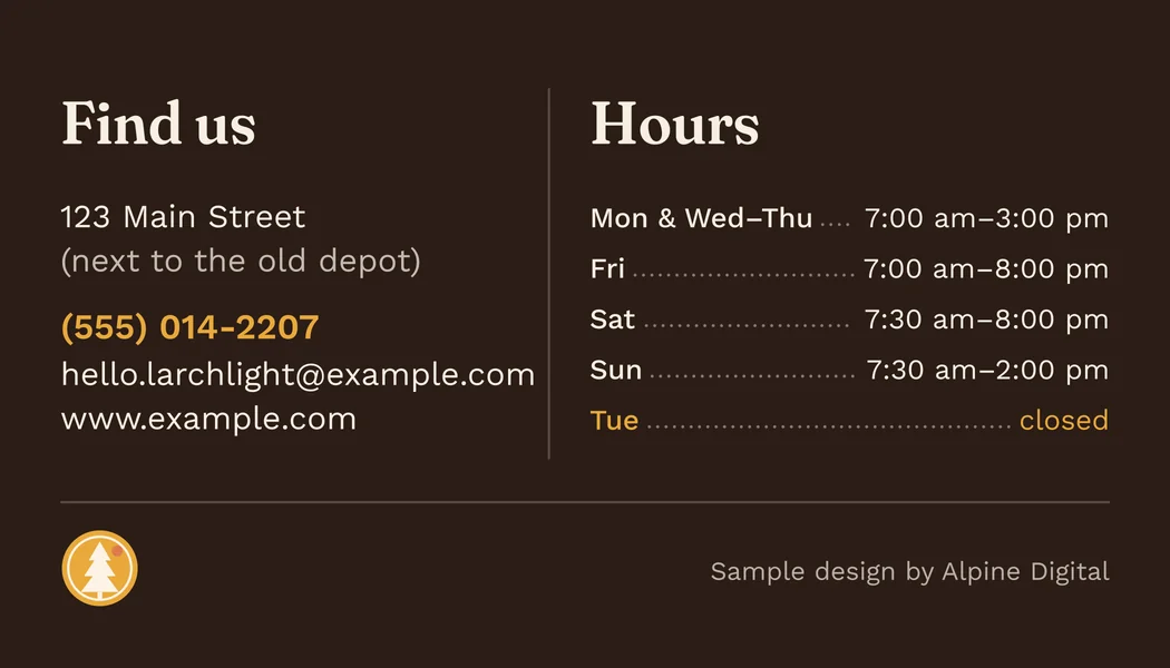 Larchlight Café & Kitchen business card, back (sample design)