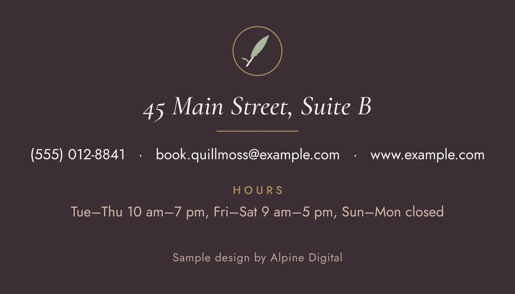 Quillmoss Salon & Spa business card, back (sample design)