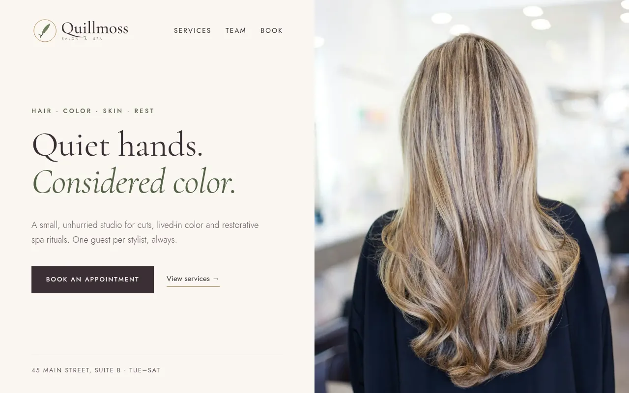 Quillmoss Salon & Spa sample design on a desktop screen: split-screen hero with the serif headline Quiet hands. Considered color. beside a photo of long wavy hair