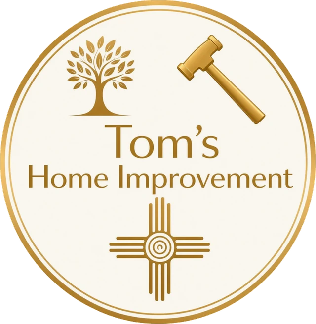 Tom's Home Improvement logo: a gold circle with a tree, a mallet and a Zia sun symbol