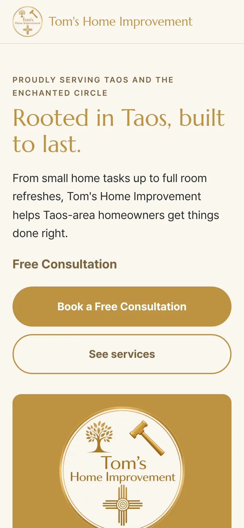 Tom's Home Improvement website on a phone