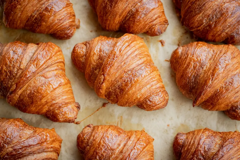 Rows of golden croissants on baking paper